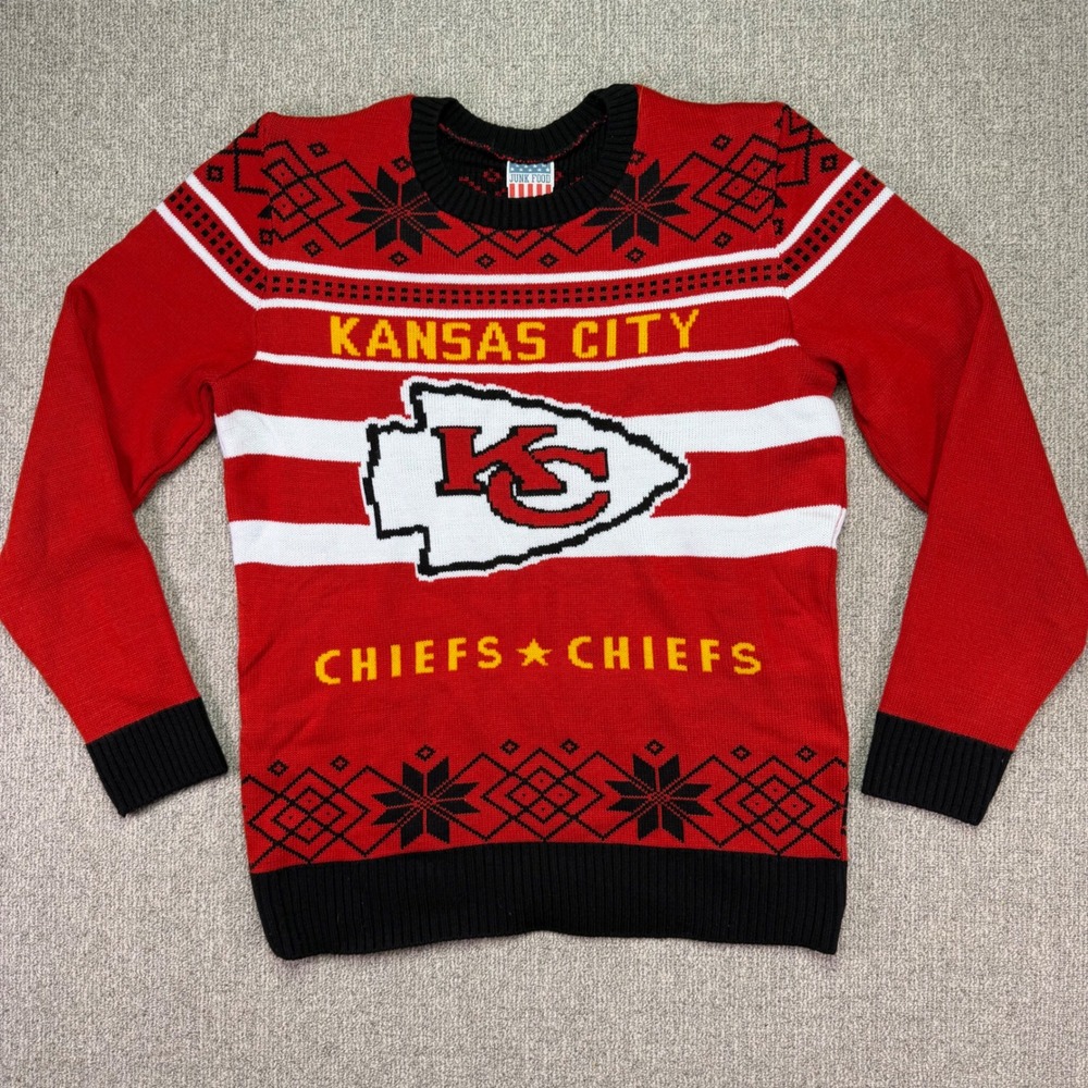 Mens Kansas City Chiefs Junk Food Red Knit Football Holiday Sweater Pullover XXL